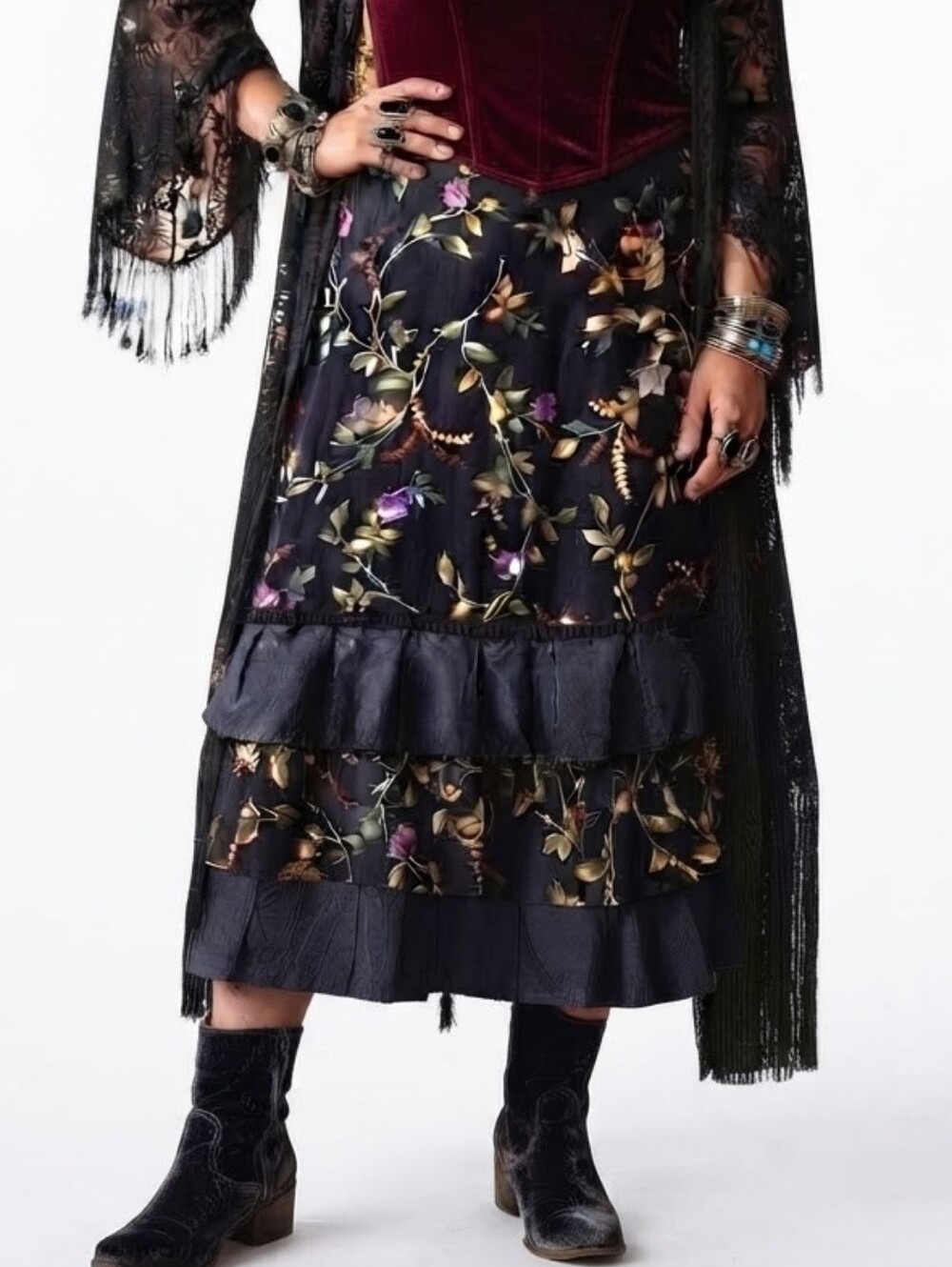 AB Studio Vintage Floral Midi Skirt | Tiered Ruffle Hem Black & Purple